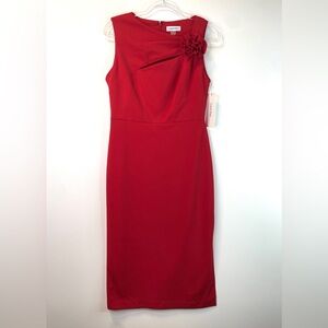 Calvin Klein Sheath Dress Red Asymmetrical Flower Accent